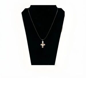 Pendant Pink And White Beaded Cross On Black Leather Cord Handmade